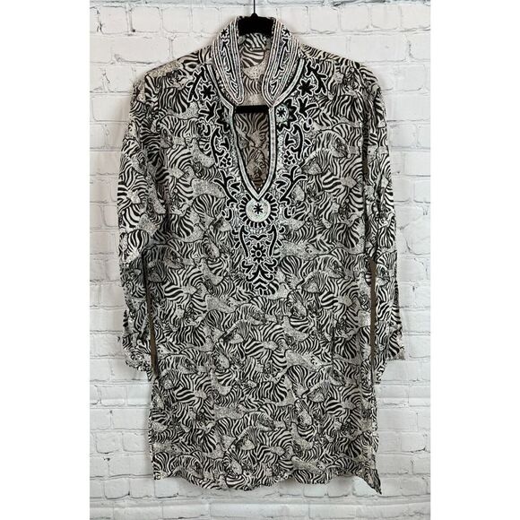 BARBARA GERWIT black white animal print cotton beaded sequin blouse tunic size M - Picture 1 of 11